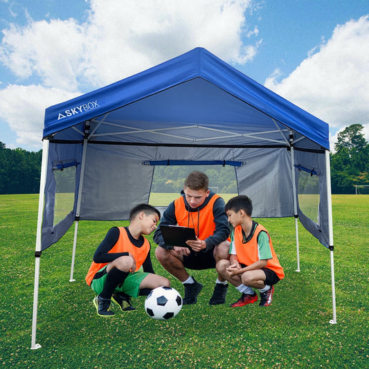 SkyBox Instant Sport Shelter 3.2' X 6.5' Blue, Patented, Multi-Purpose, Removeable Walls