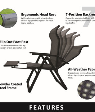 Ergo+ Patio Folding Chair Gray, Flip Out Footrest, 300 LBS Weight Capacity, 7 Recline Positions