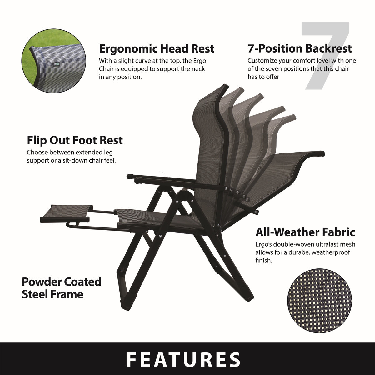 Ergo Plus chair feature diagram showing seven-position backrest, footrest, mesh fabric and steel frame