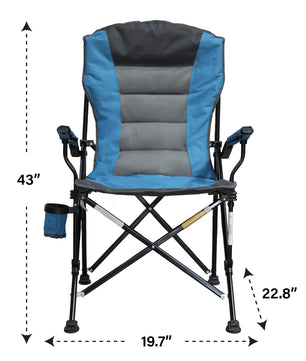 Blue and gray camping chair with dimensions labeled on a white background