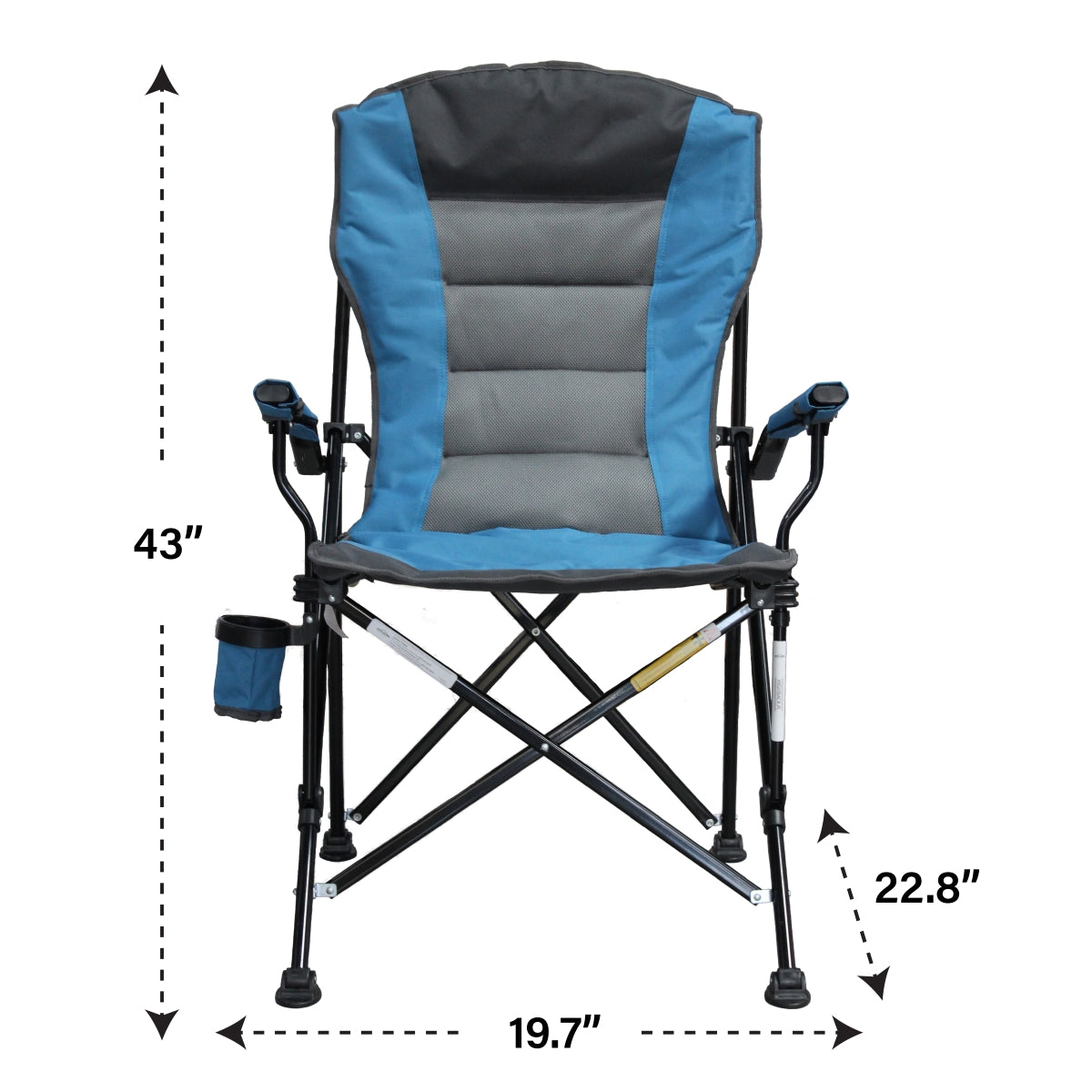Blue and gray camping chair with dimensions labeled on a white background
