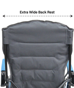 Gray folding chair with an extra wide back rest on a white background