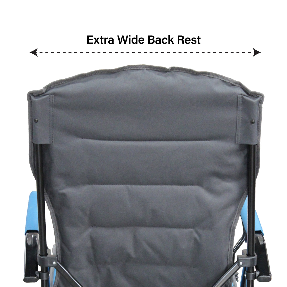 Gray folding chair with an extra wide back rest on a white background