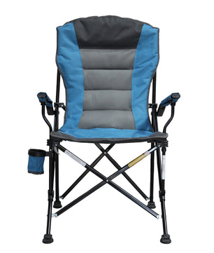 Blue and gray folding chair with cup holder on a white background