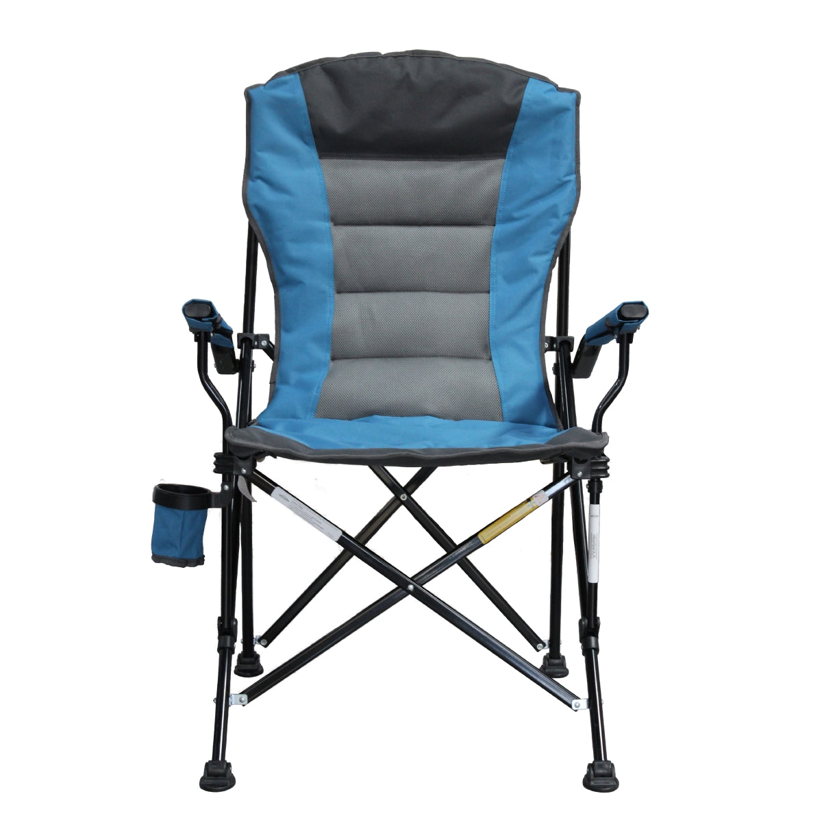 Blue and gray folding chair with cup holder on a white background