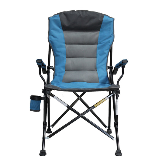 Blue and gray folding chair with cup holder on a white background