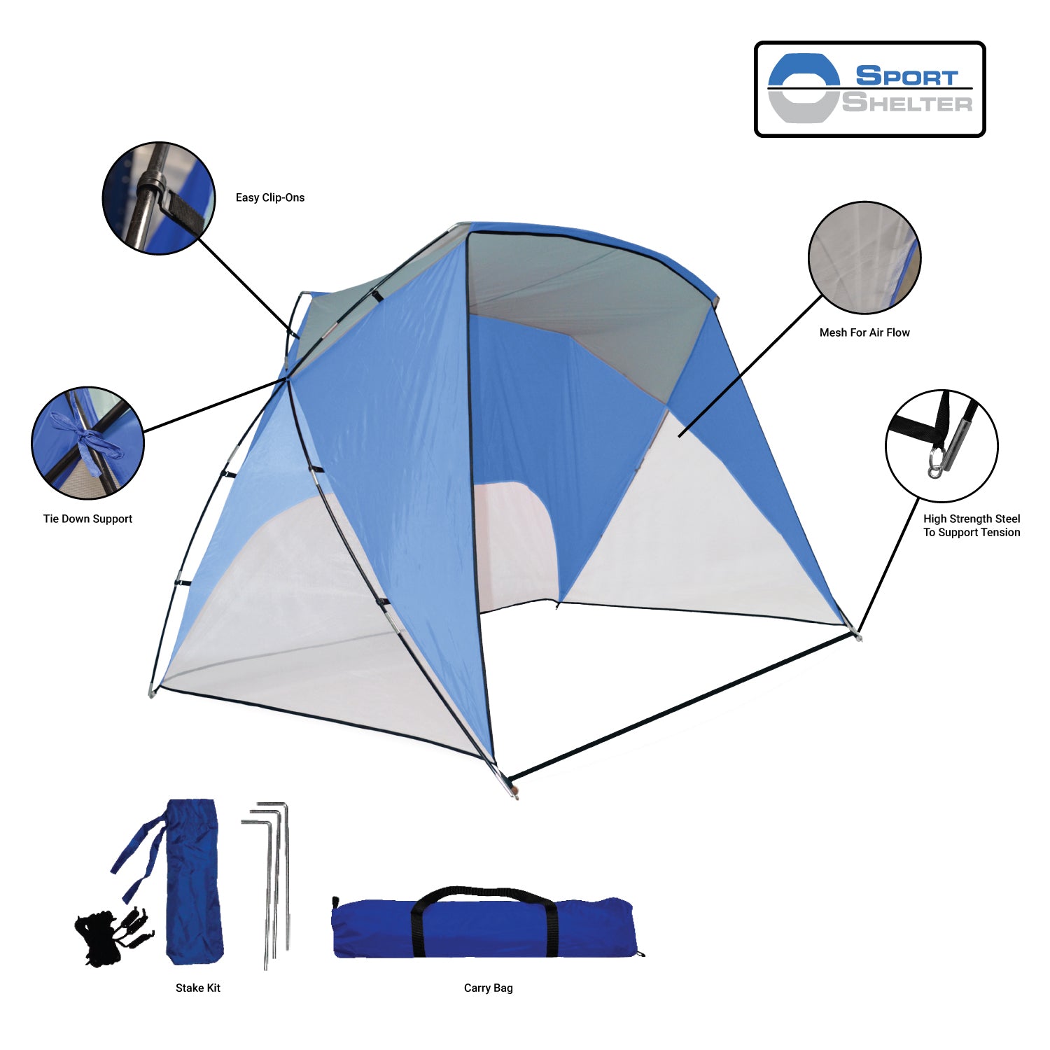 Sport Shelter Beach Shade 9' X 6' Blue, 54 Sq. Ft. of Shade Includes Carry Bag and Stake Kit, Lightweight